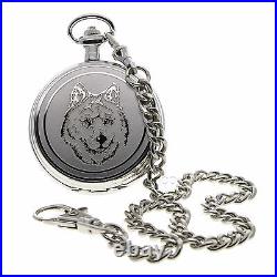 Pocket Watch Set Brass 53 MM Wolf Design with Leather Pouch Wood Box & Chain C83