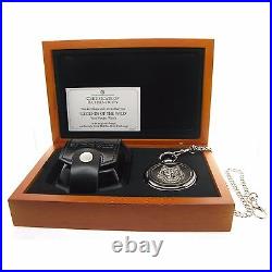 Pocket Watch Set Brass 53 MM Wolf Design with Leather Pouch Wood Box & Chain C83