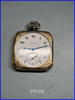 RUNNING Unique Square Case Elgin 12s Grade 477 Pocket Watch, 20 Year Gold Plate