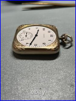 RUNNING Unique Square Case Elgin 12s Grade 477 Pocket Watch, 20 Year Gold Plate