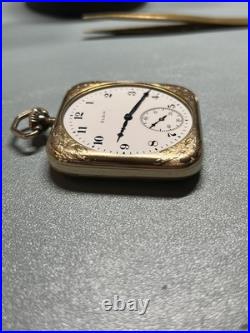 RUNNING Unique Square Case Elgin 12s Grade 477 Pocket Watch, 20 Year Gold Plate