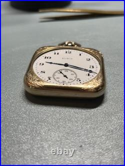 RUNNING Unique Square Case Elgin 12s Grade 477 Pocket Watch, 20 Year Gold Plate