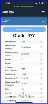 RUNNING Unique Square Case Elgin 12s Grade 477 Pocket Watch, 20 Year Gold Plate