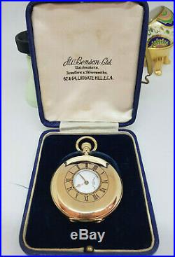 Rare J. W. Benson Solid 9k Gold White Enamel Dial Half Hunter Pocket Watch & Case