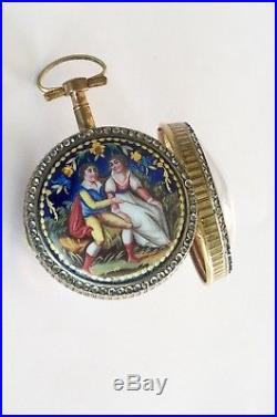 Rare White Gem Set Case Enamel Back Scene Verge Fusee Antique Pocket Watch -1790