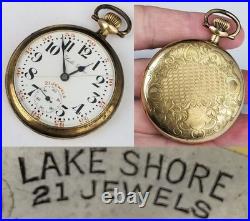 Rare antique pocket watch 21 JEWEL Lake Shore Monitor 14k plated case
