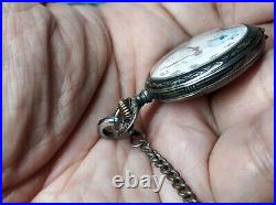 Rare carved black silver case Antique Vintage Pocket watch is running smoothly