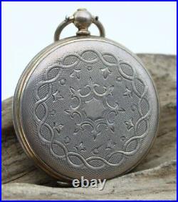 SWISS ANTIQUE POCKET WATCH 38.5mm DIA ENGRAVED SILVER CASE RUNS TWO TONE (K3D2)
