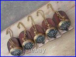 Set Of 5 Vintage Antique Marine Anchor 2Brass Pocket Watch With Leather Case