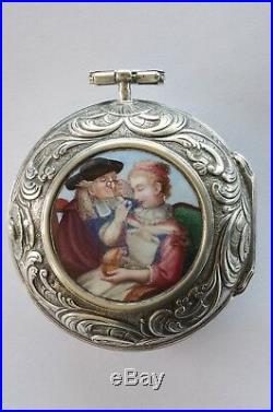 Silver Pair Case Enamel Plaque Verge Fusee Champleve Pocket Watch 1740