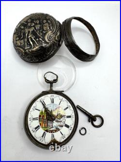 Silver Repousse Pair Case Painted Dial Fusee Demela London Antique Pocket Watch