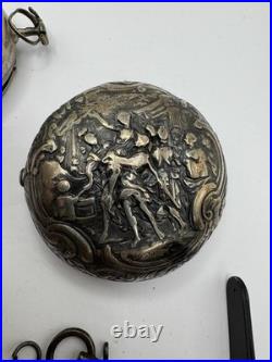 Silver Repousse Pair Case Painted Dial Fusee Demela London Antique Pocket Watch