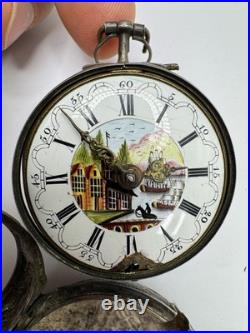 Silver Repousse Pair Case Painted Dial Fusee Demela London Antique Pocket Watch