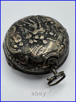 Silver Repousse Pair Case Painted Dial Fusee Demela London Antique Pocket Watch