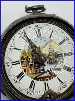 Silver Repousse Pair Case Painted Dial Fusee Demela London Antique Pocket Watch