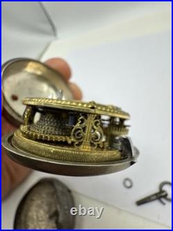 Silver Repousse Pair Case Painted Dial Fusee Demela London Antique Pocket Watch