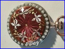 Super Nice Mint Swiss Red Enameled Pearl inlayed watch 800 silver case (1900'S)