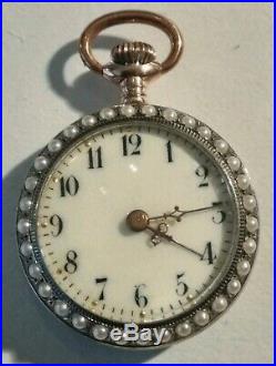 Super Nice Mint Swiss Red Enameled Pearl inlayed watch 800 silver case (1900'S)