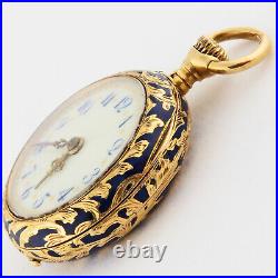 Swiss 18K Solid Gold Enamel Bird & Flowers Ladies Pendant Pocket Watch 24mm