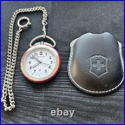 Swiss Army Quartz Red Pocket Watch with Black Leather Case & ChainNOT Working