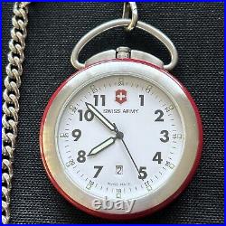 Swiss Army Quartz Red Pocket Watch with Black Leather Case & ChainNOT Working