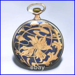 Swiss Pocket Watch Art Nouveau Niello Enamel with Rose Gold Inlay Floral Case