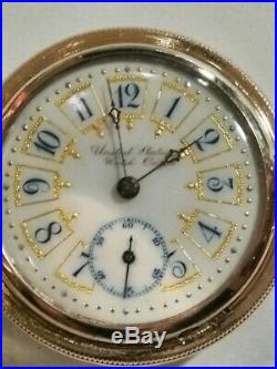 United States watch co. RARE Fancy Dial 11 jewels 14K. Gold filled hunter case