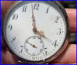 Very Nice 10 Jewel Pocket Watch withCylinder escapement, Running, Silver Case 47mm