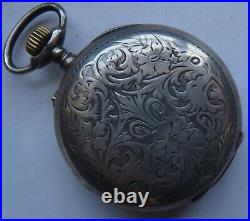 Vibrante chronograph pocket watch silver carved hunter case 51,5 mm. In diameter