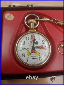Vintage 1970's Disney Mickey Mouse Pocket watch USA RAIL TRAIN with case WORKS