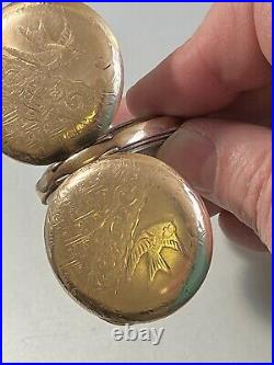 Vintage Antigue Bird Engraved Gold Plate Hunter Case Old Pocket Watch Elgin