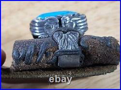 Vintage Leather Pocket Watch Case For Belt, Sterling Silver Turquoise Handcraft