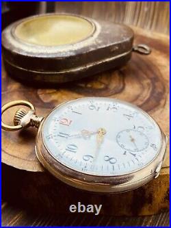 Vintage Open Face Silver Antique Pocket Watch Men w Vintage Case Serviced #5840