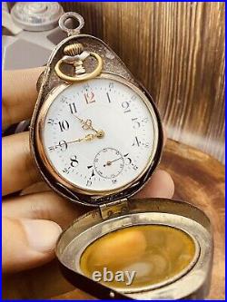 Vintage Open Face Silver Antique Pocket Watch Men w Vintage Case Serviced #5840