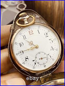 Vintage Open Face Silver Antique Pocket Watch Men w Vintage Case Serviced #5840