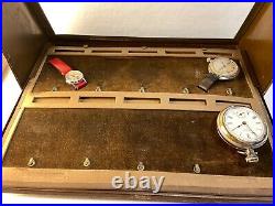 Vtg. Ingersoll pocket watch display case 1928 with 3 watches tin & wood countertop