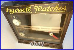 Vtg. Ingersoll pocket watch display case 1928 with 3 watches tin & wood countertop