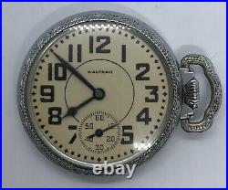 WALTHAM 1908 16s POCKET WATCH Traveler Stainless Case 17 Jewels Etched