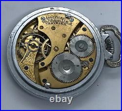 WALTHAM 1908 16s POCKET WATCH Traveler Stainless Case 17 Jewels Etched