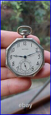 WALTHAM, POCKET WATCH, OCTAGON CASE 14k White gold filled