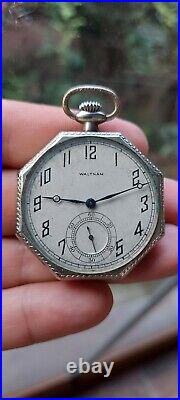 WALTHAM, POCKET WATCH, OCTAGON CASE 14k White gold filled