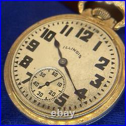 WORKING 1920s Illinois 60 Hr 3 Position 19 Jewels Pocket Watch 10K Gold + Case