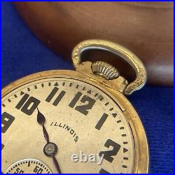 WORKING 1920s Illinois 60 Hr 3 Position 19 Jewels Pocket Watch 10K Gold + Case