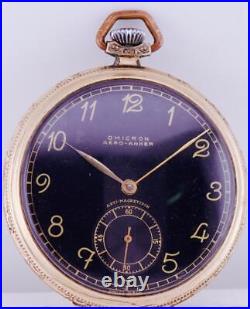 WWII Era Antique Omikron Pocket Watch Art-Deco 18k Rolled Gold Case Black Dial