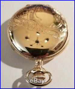 Waltham 0S. 15 jewels fancy dial seaside (1896) 14K. Gold Filled hunter case