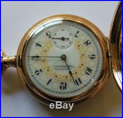 Waltham 6S. Fancy dial 7 jewels multi-color gold filled Hunter case restored