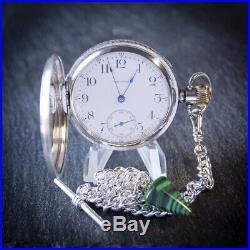 Waltham Sterling Silver 17 Jewel Full Hunter Pocket Watch + Chain + Case