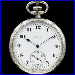White Gold 1921 ELGIN 17 Jewel Pocket Watch 12s Grade 345 Fancy Case EXCELLENT