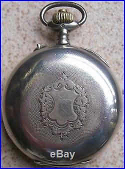 XFine Chronograph Pocket Watch Silver Case Open Face 52 mm. In diameter